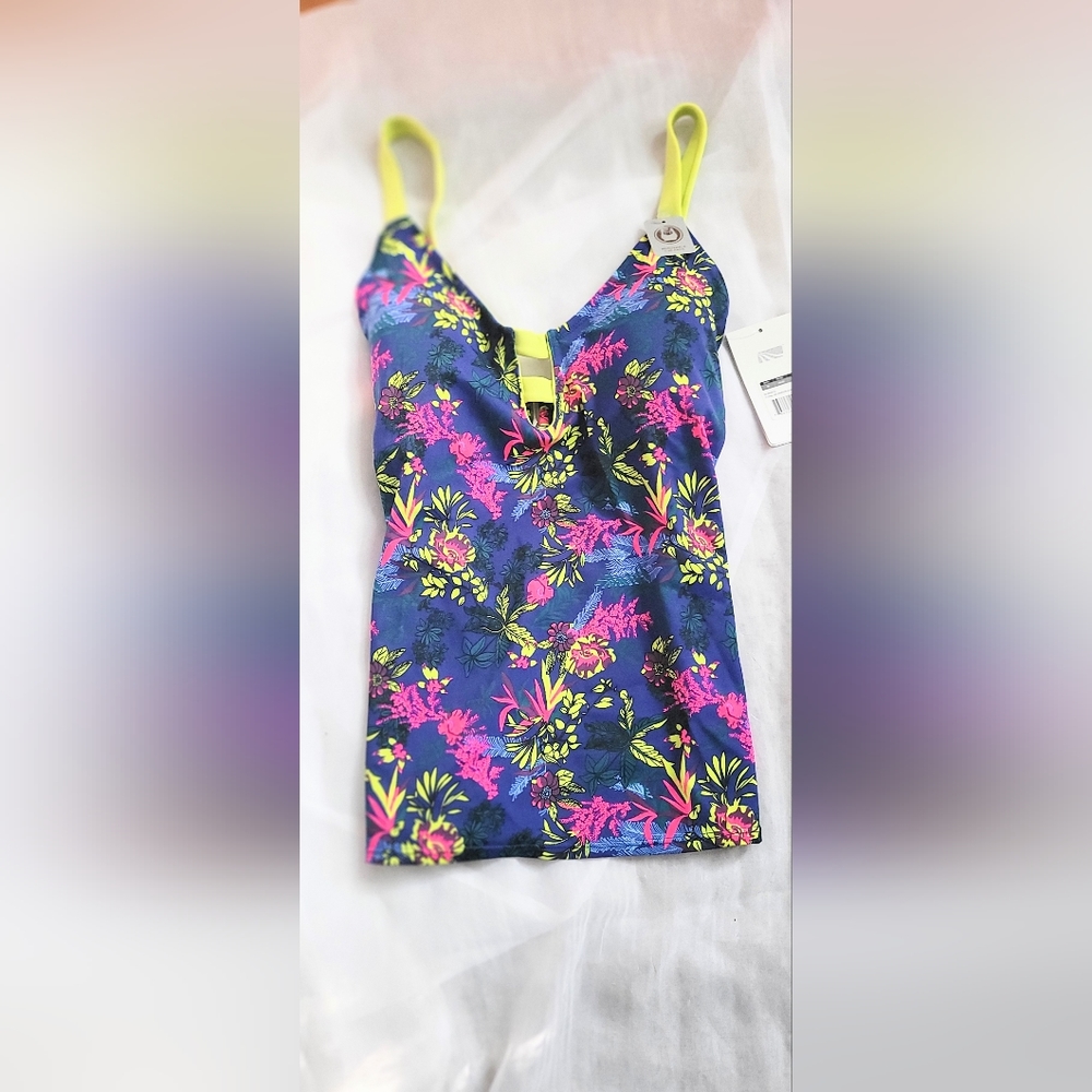 NWT! Neon Floral Print Swim Women's Summer Resort Beach Club Y2k Tankini Medium